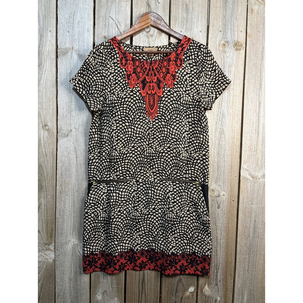 Kachel Anthropologie Silk Shift Dress Black Red Lace Geometric Print Size 4